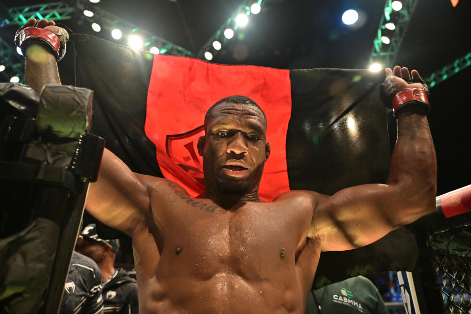 SAO PAULO, BRAZIL - NOVEMBER 04: Jailton Almeida of Brazil reacts after his victory over Derrick Lewis in a heavyweight fight during the UFC Fight Night event at Ibirapuera Gymnasium on November 04, 2023 in Sao Paulo, Brazil. (Photo by Pedro Vilela/Zuffa LLC via Getty Images)