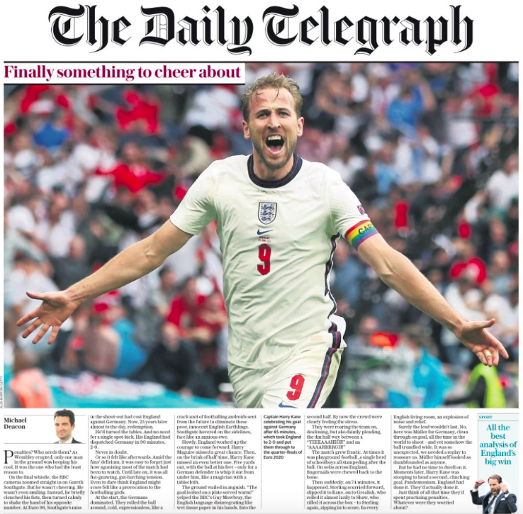 Harry Kane's first goal of Euro 2020 is captured by The Daily Telegraph as it says the win means that there is 'finally something to cheer about'