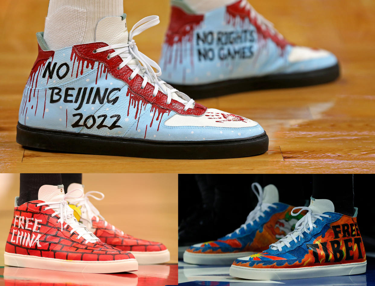 More of Kanter Freedom's shoes, with slogans such as No Beijing 2022 and Free China.