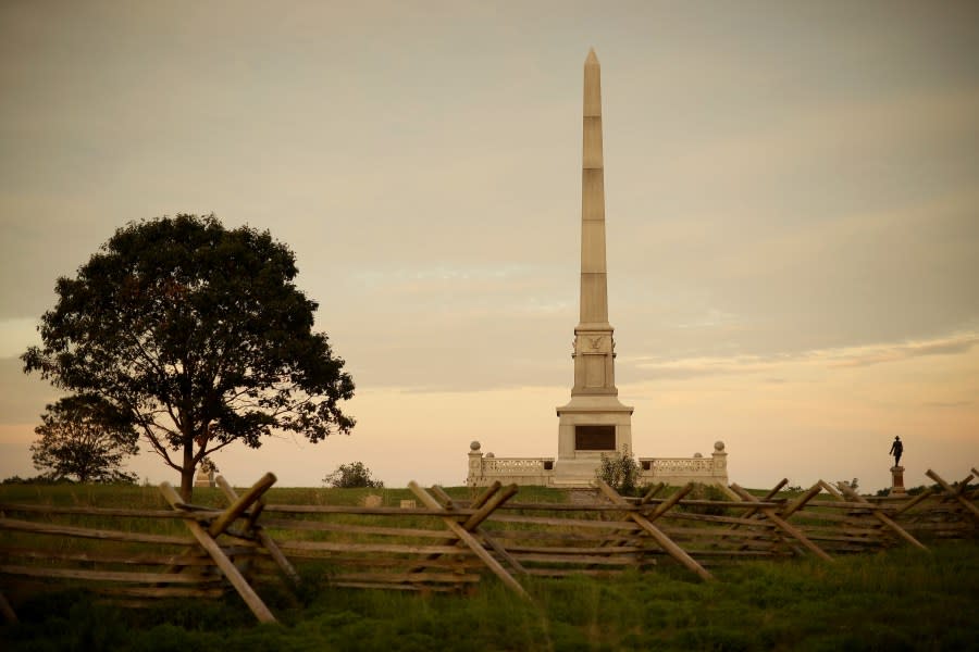 GETTYSBURG, PENNSYLVANIA – AUGUST 11: The monument to the United States Regulars of the Army of the Potomac stands along Hancock Avenue at the Gettysburg National Military Park on August 11, 2020 in Gettysburg, Pennsylvania. The park is one of the places that President Donald Trump is considering to give his acceptance speech for the Republican nomination later this month. Trump was originally scheduled to accept his renomination in Charlotte, North Carolina, the location of the Republican National Convention, but moved his speech in June to Jacksonville, Florida, to try to skirt safety requirements like social distancing and mask-wearing that were put in place to reduce the spread of the novel coronavirus (COVID-19). In July, he pulled the convention out of Jacksonville as COVID-19 cases surged in Florida. (Photo by Chip Somodevilla/Getty Images)