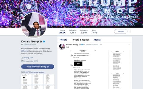 This image of Donald Trump Jr.'s Twitter account shows a series of direct messages he received from the Twitter account behind the WikiLeaks website, including his responses to the communications, which he posted on Monday - Credit: Donald Trump Jr.'s Twitter account via AP