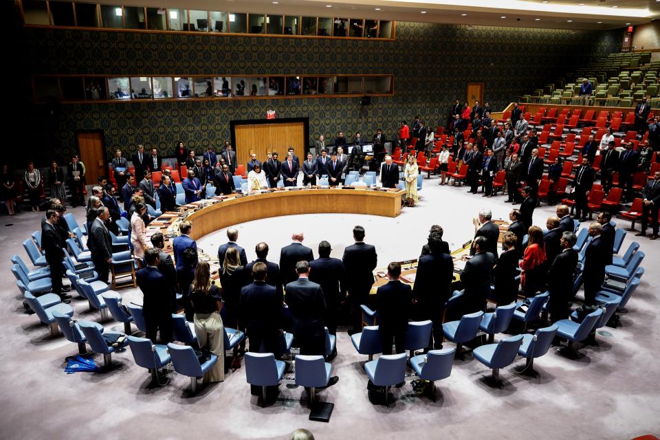 <p>United Nations Representatives observe a moment of silence in honor of 9/11 victims during a UN Security Council meeting on the situation in Middle East and Idlib, Syria at the United Nations Headquarters in New York on Sept. 11, 2018. (Photo: Atilgan Ozdil/Anadolu Agency/Getty Images) </p>