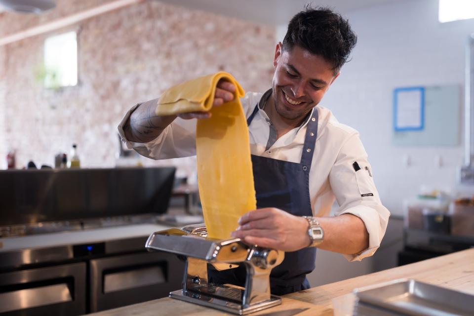 Chef Andres Pablos makes pasta from scratch for a Pomodoro fettuccine dish at his restaurant accá, located at 710 Noble Street in Central El Paso, on Wednesday, March 6, 2024.