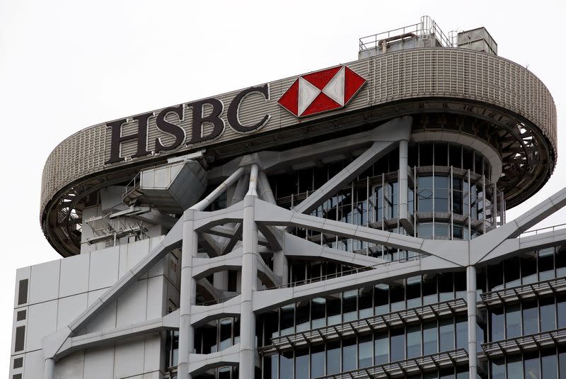 FILE PHOTO: The logo of HSBC is seen on its headquarters in the financial Central district in Hong Kong