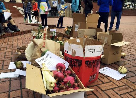 Boxes of community grown produce brought by residents and clean air activists to the state's Department of Environmental Quality office, in an effort to get answers from state officials after being told last month not to eat the vegetables in their gardens, are pictured, in Portland, Oregon March 4, 2016. REUTERS/Shelby Sebens