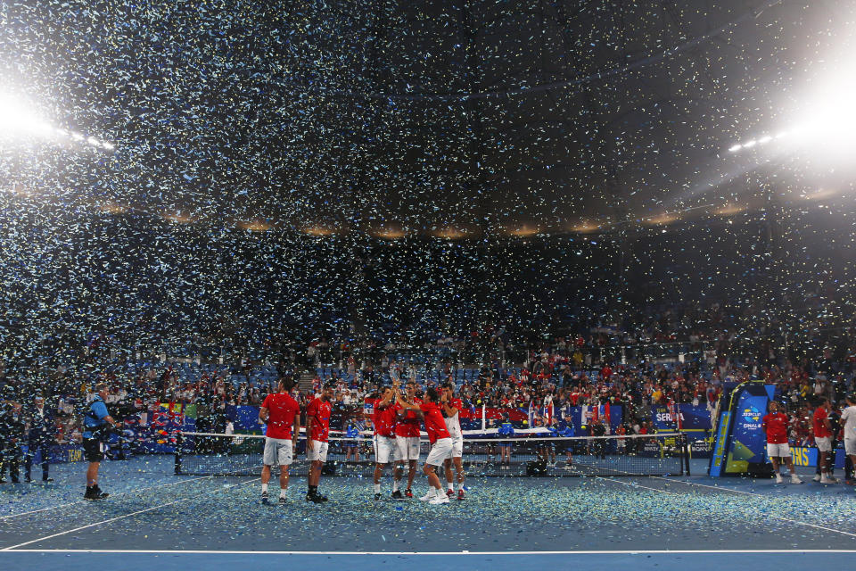 Serbia hold up the ATP CUP after defeating Spain during their ATP Cup tennis tournament in Sydney, Monday, Jan. 13, 2020. (AP Photo/Steve Christo)