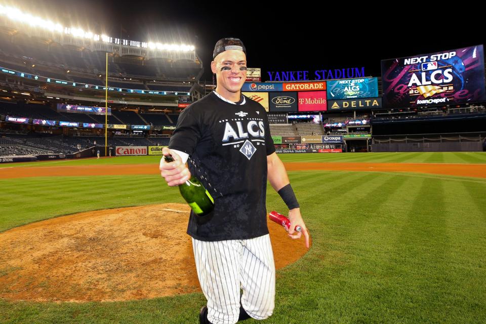 Yankees right fielder Aaron Judge celebrates after their win against the Guardians.