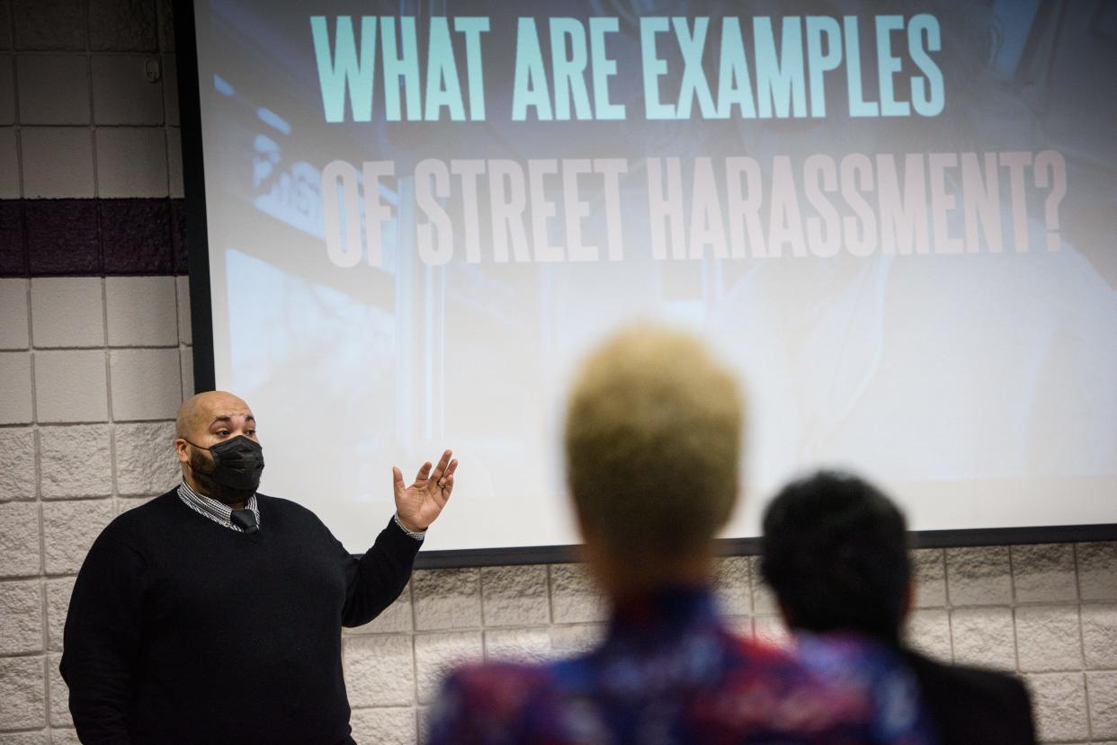 Jorge Arteaga, deputy director of Hollaback!, leads a training session on standing up against street harassment on Wednesday, Dec. 1, 2021, at the Kiwanis Recreation Center.