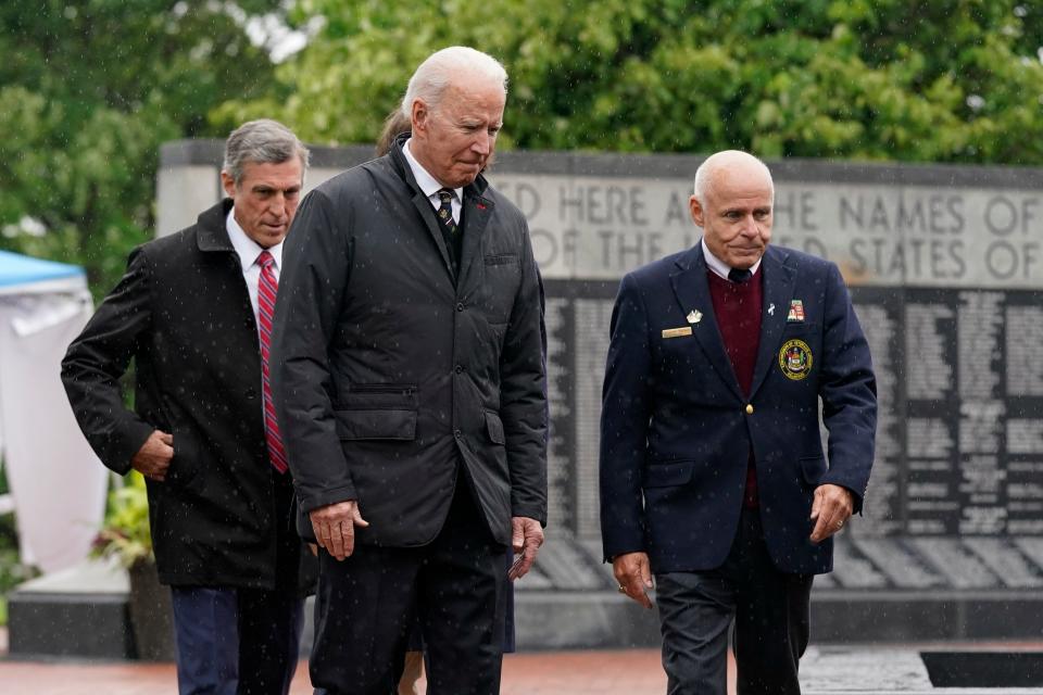 President Joe Biden arrives at Veterans Memorial Park at the Delaware Memorial Bridge in New Castle, Del., on Sunday.