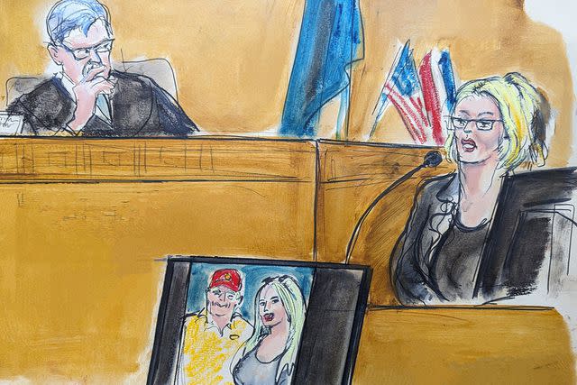 <p>Elizabeth Williams via AP</p> A courtroom sketch of Stormy Daniels testifying on May 7, 2024, about her alleged sexual encounter with Donald Trump