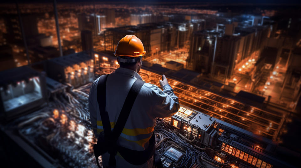 A technician working on an aerial view of a critical infrastructure, emphasizing the importance of the company's utility services.