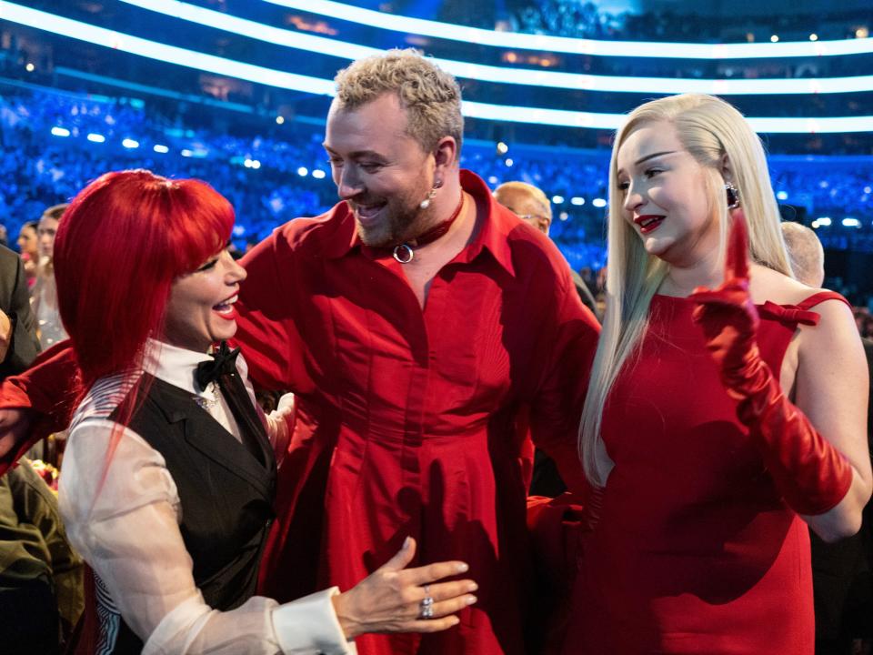 Shania Twain, Sam Smith and Kim Petras seen during the 65th GRAMMY Awards at Crypto.com Arena on February 05, 2023 in Los Angeles, California.