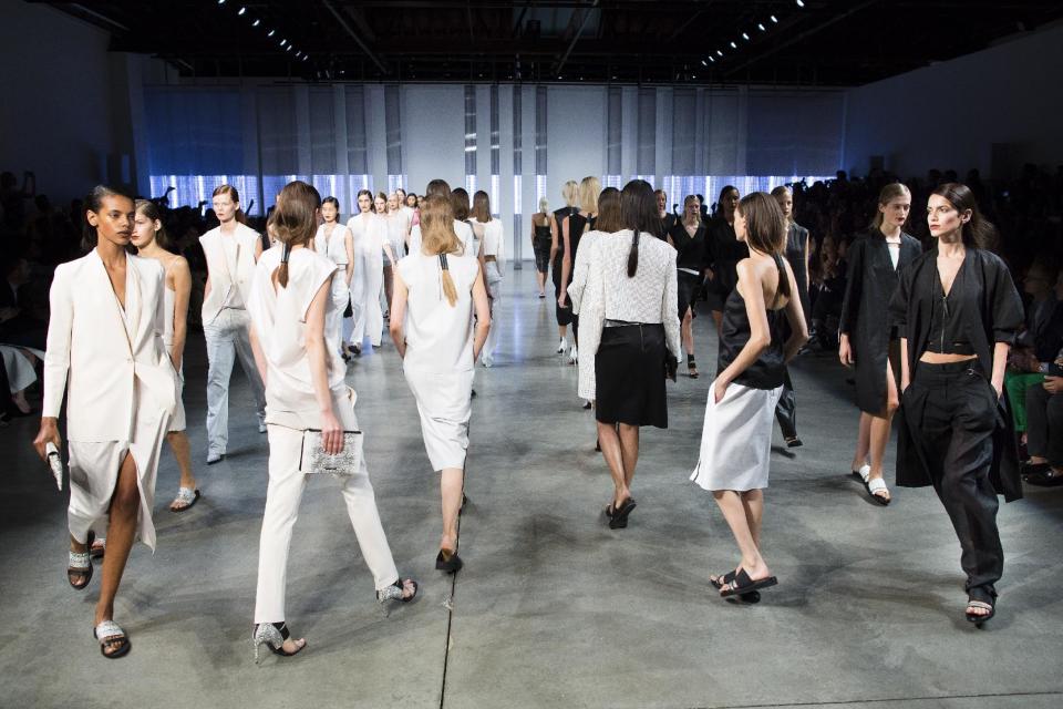 The Helmut Lang Spring 2014 collection is modeled during Fashion Week in New York, Friday, Sept. 6, 2013. (AP Photo/John Minchillo)