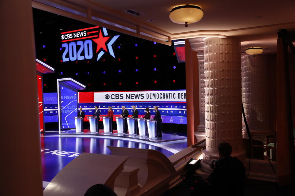 From left, Democratic presidential candidates, former New York City Mayor Mike Bloomberg, former South Bend Mayor Pete Buttigieg, Sen. Elizabeth Warren, D-Mass., Sen. Bernie Sanders, I-Vt., former Vice President Joe Biden, Sen. Amy Klobuchar, D-Minn., and businessman Tom Steyer, participate in a Democratic presidential primary debate at the Gaillard Center, Tuesday, Feb. 25, 2020, in Charleston, S.C., co-hosted by CBS News and the Congressional Black Caucus Institute. (AP Photo/Patrick Semansky)