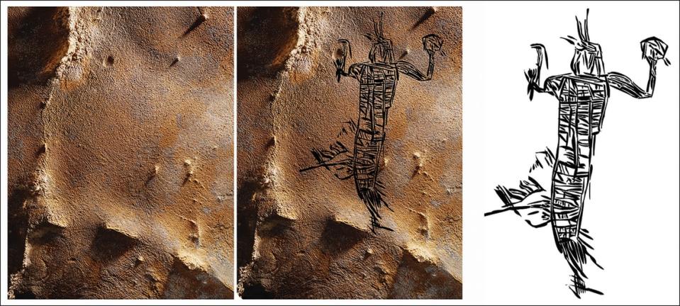<div class="inline-image__caption"><p>Anthropomorphic figure in regalia from 19th Unnamed Cave, Alabama. </p></div> <div class="inline-image__credit">via Antiquity Publications Ltd; photograph by S. Alvarez; illustration by J. Simek</div>