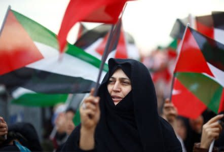 Demonstrators wave Palestinian flags during a protest against U.S. President Donald Trump's recognition of Jerusalem as Israel's capital, in Istanbul, Turkey December 10, 2017. REUTERS/Osman Orsal