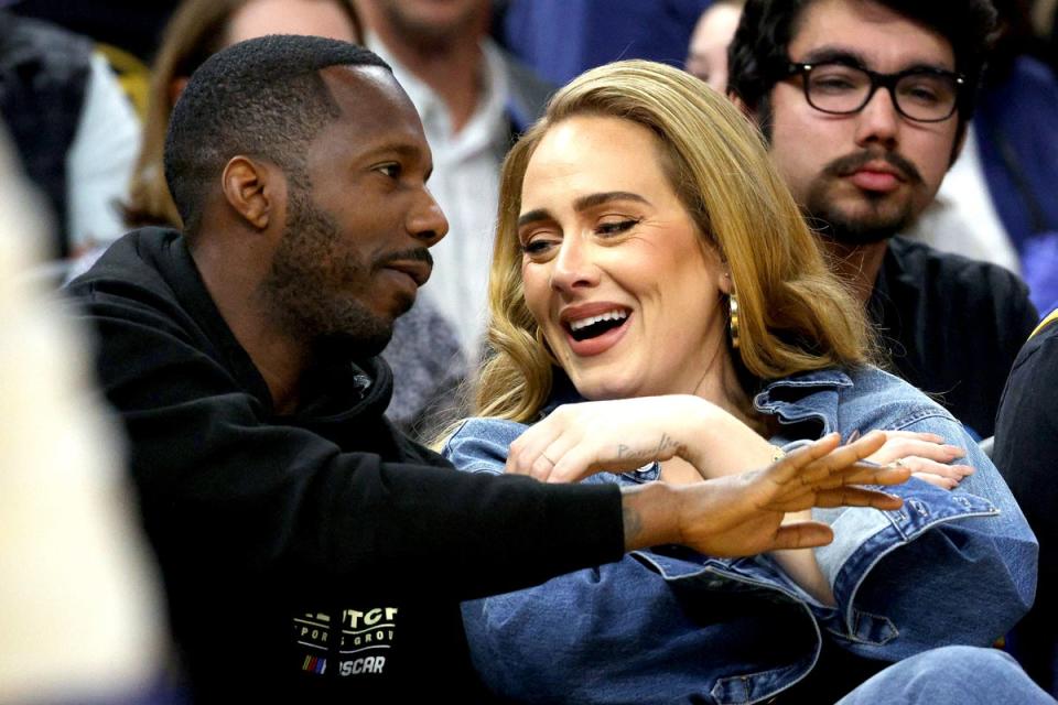 Rich Paul and Adele attend Game Two of the 2022 NBA Playoffs Western Conference Finals in San Francisco on May 20, 2022 (Getty Images)