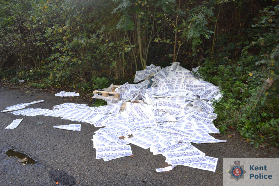 £5 million worth of fake banknotes was discovered by a dog walker in south east London. (Kent Polce/SWNS)