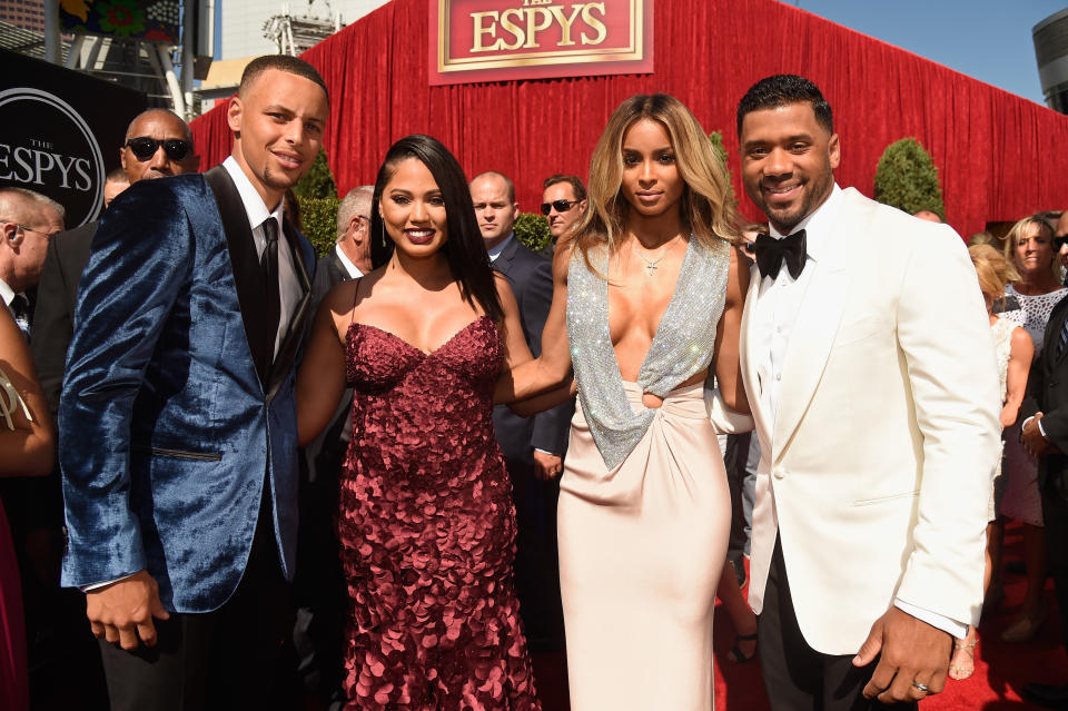 NBA player Stephen Curry, Ayesha Curry, recording artist Ciara and NFL player Russell Wilson attend the 2016 ESPYS at Microsoft Theater on July 13, 2016 in Los Angeles, California. (Photo by Kevin Mazur/Getty Images)