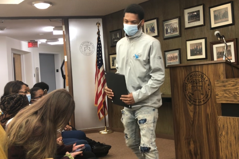 Millville high school senior John Wallop picked up a Good Samaritan certificate from Mayor Lisa Orndorf at the City Commission meeting Tuesday. Wallop was recognized for helping a woman in a medical emergency while at work at a downtown Wawa in December. Jan. 18, 2022.