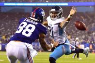 <p>Kevin Byard #31 of the Tennessee Titans breaks up a pass to Evan Engram #88 of the New York Giants during the fourth quarter of the game against the New York Giants at MetLife Stadium on December 16, 2018 in East Rutherford, New Jersey. The Tennessee Titans defeat the New York Giants 17-0. (Photo by Sarah Stier/Getty Images) </p>