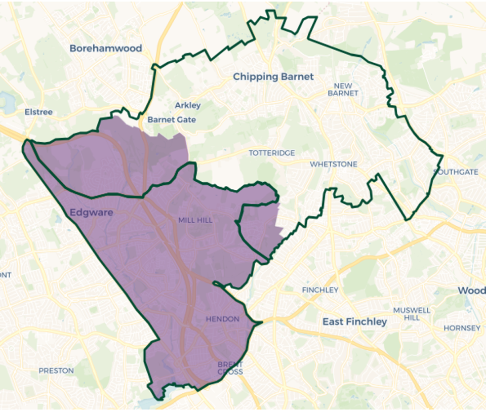 Hendon constituency map: Purple shaded area old constituency boundary. Green outlines new constituency boundaries (© OpenStreetMap contributors | © CARTO)