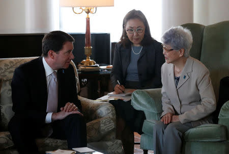 Sakie Yokota (R), mother of Megumi Yokota who was abducted by North Korea agents at age 13 in 1977, meets U.S. ambassador to Japan William Hagerty in Tokyo, Japan, April 10, 2018. REUTERS/Kim Kyung-Hoon