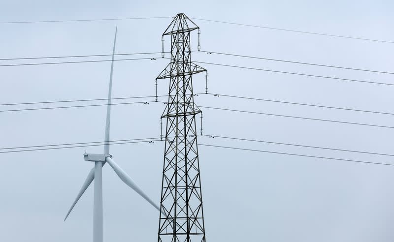 A wind turbine and an electricity pylon are seen in Finedon