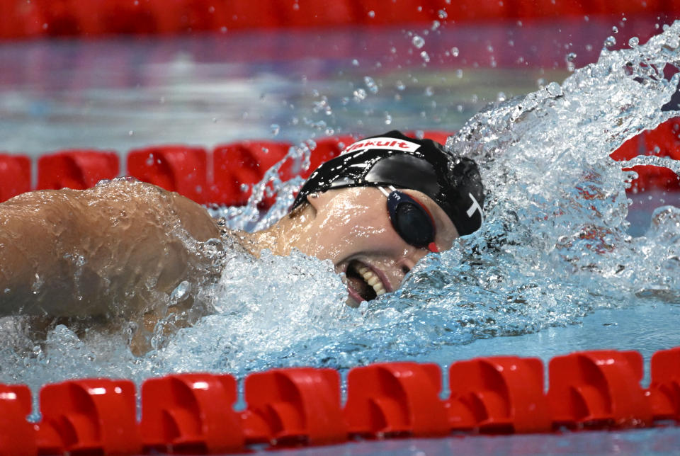 Katie Ledecky of the United States competes in the Women 800m Freestyle final at the 19th FINA World Championships in Budapest, Hungary, Friday, June 24, 2022. (AP Photo/Anna Szilagyi)