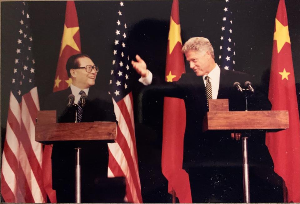 1997年江澤民訪美和柯林頓總統在白宮聯合舉行記者會。（檔案照，記者丁曙╱攝影）