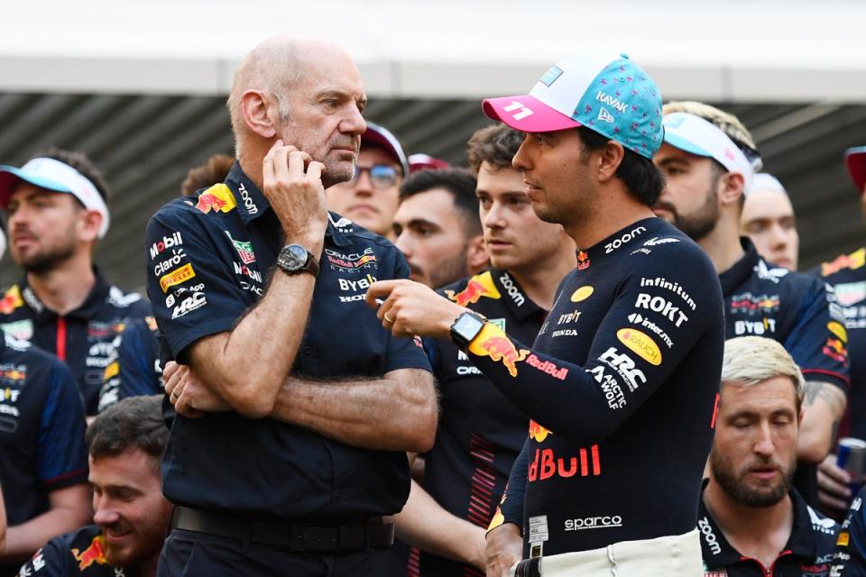 Adrian Newey (left) is leaving Red Bull and Sergio Perez’s future is unclear (Getty)