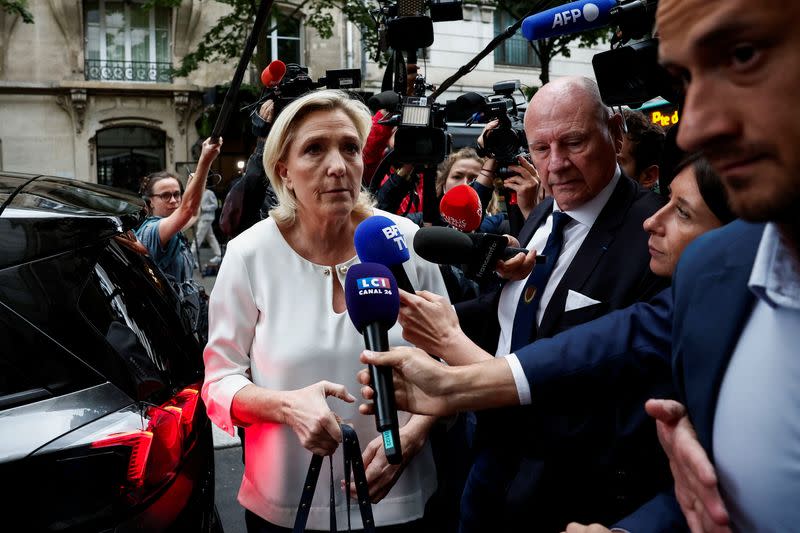 FILE PHOTO: Marine Le Pen, member of parliament and French far-right National Rally (Rassemblement National - RN) party leader, arrives at the RN party headquarters in Paris