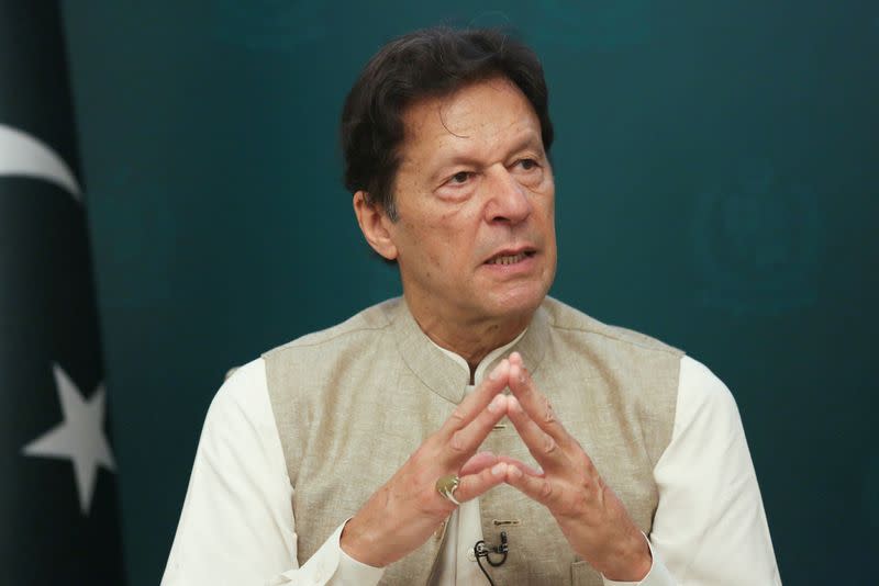 FILE PHOTO: Pakistan's Prime Minister Imran Khan speaks during an interview with Reuters in Islamabad,