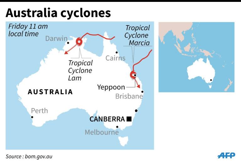 Map showing parts of Australia hit by two cyclones on February 20, 2015