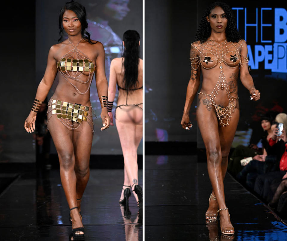 Two models at New York Fashion Week wearing chain bikinis for the Black Tape Project