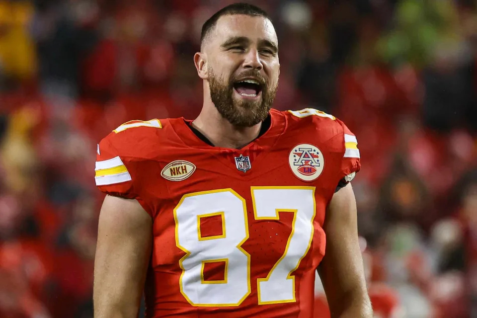 <p>Perry Knotts/Getty </p> Travis Kelce in 2023