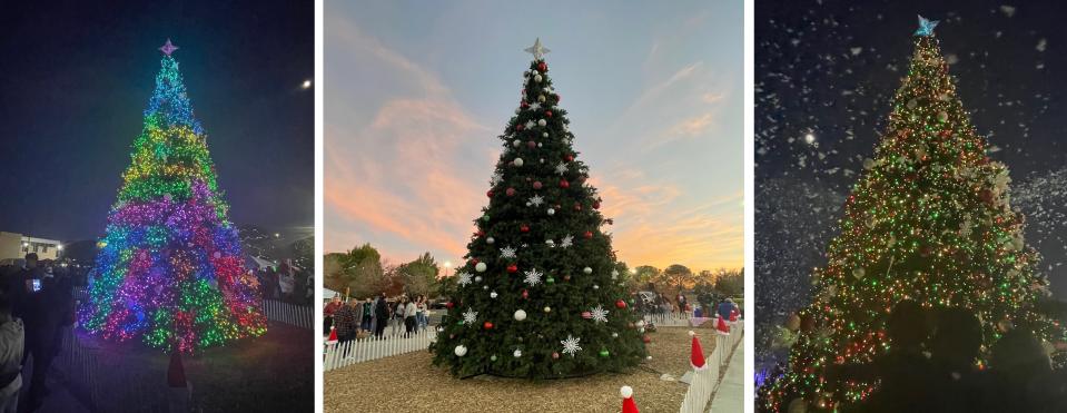 Hundreds gathered Saturday at Victorville City Hall for the annual Festival of Lights & Tree Lighting, which included a multi-colored Christmas tree that spews artificial snow.