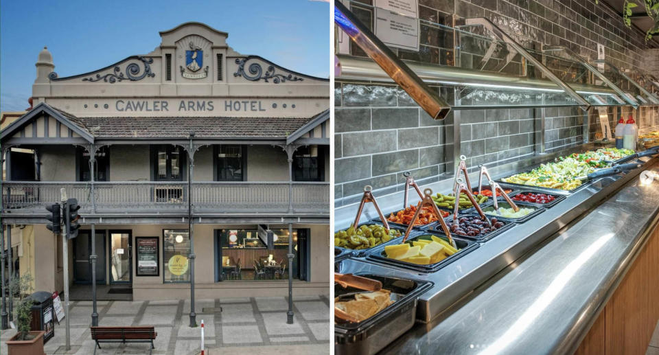 An exterior shot of The Gawler Arms Hotel in South Australia (left) and the buffet bar inside the restaurant (right). 