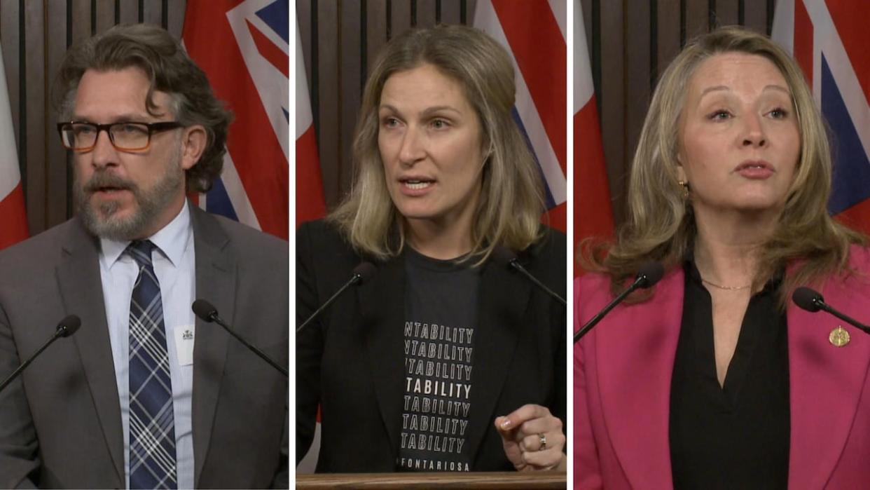 Advocates, including David Arbuckle of the Association of Municipal Managers, Clerks and Treasurers of Ontario (left), Emily McIntosh with Women of Ontario Say No (middle), and Ontario NDP Leader Marit Stiles (right), are pushing for legislation aimed at holding municipally elected officials accountable if found to be harassing staff. (Legislative Assembly of Ontario - image credit)
