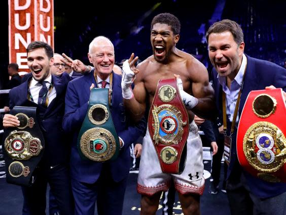 Barry Hearn celebrates in Anthony Joshua’s win in Saudi Arabia last month (Getty)