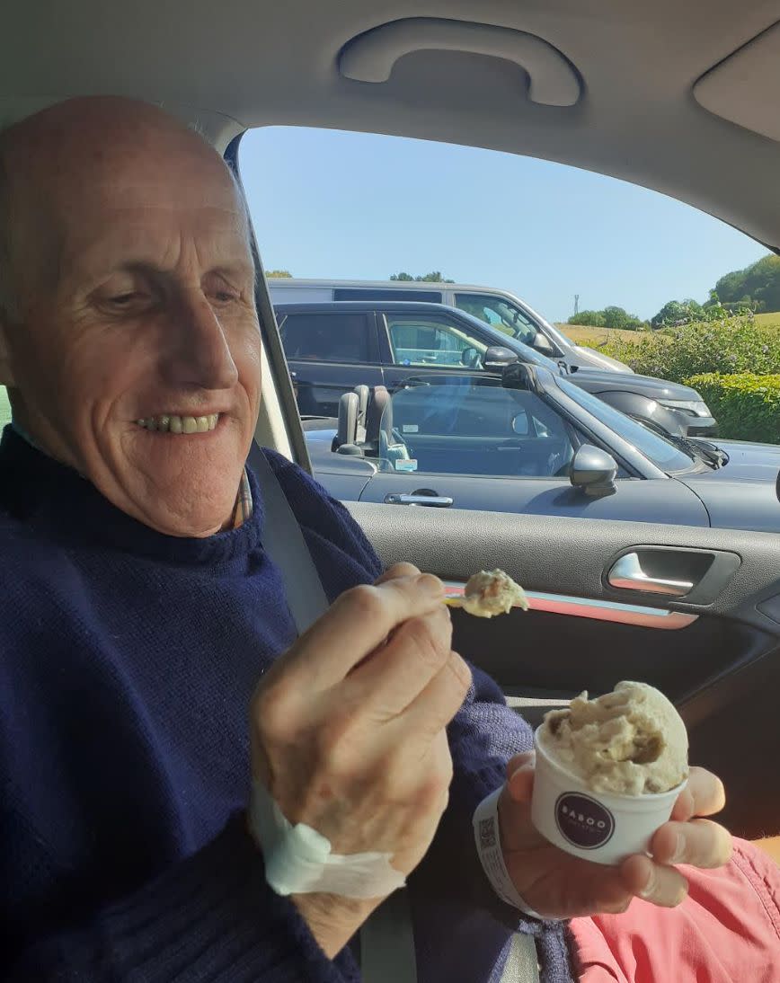 Simon enjoying his favorite ice cream in August 2020, after the only treatment he'd ever receive for his cancer