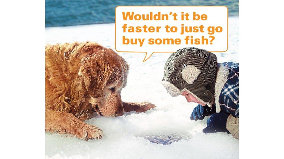 Funny photos: Dog and boy looking in ice hole with caption, 