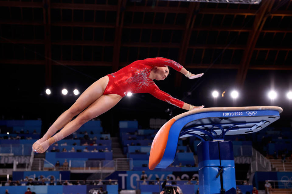 Mykayla Skinner of Team USA competes on vault during Women's Qualification on day two of the Tokyo 2020 Olympic Games at Ariake Gymnastics Centre on July 25, 2021 in Tokyo, Japan.<span class="copyright">Laurence Griffiths—Getty Images</span>