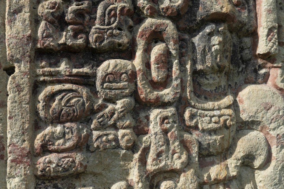 Stela B (dated to 731 A.D) stands on the western side at the great plaza of Copan, an ancient Maya site in western Honduras, Saturday, Sept. 23, 2023. (AP Photo/Moises Castillo)