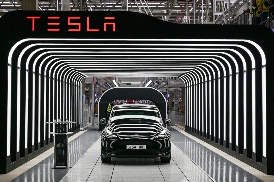 Model Y cars are pictured during the opening ceremony of the new Tesla Gigafactory for electric cars in Gruenheide, Germany, March 22, 2022. Patrick Pleul/Pool via REUTERS