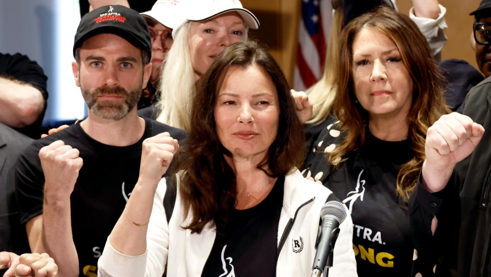 SAG-AFTRA leadership: Ben Whitehair, Frances Fisher, Fran Drescher and Joely Fisher at its July 13 press conference calling for a strike.