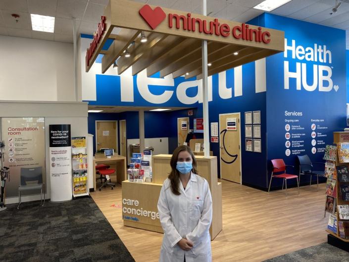 Meaghan Gasparri, a senior clinician and nurse practitioner, at a CVS&#39;s Minute Clinic. The Woonsocket-based company announced it will require certain employees who interact with patients to be fully vaccinated for COVID-19 by Oct. 31.