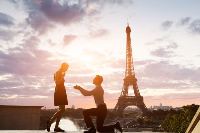 Romantic marriage proposal at Eiffel Tower, Paris, France