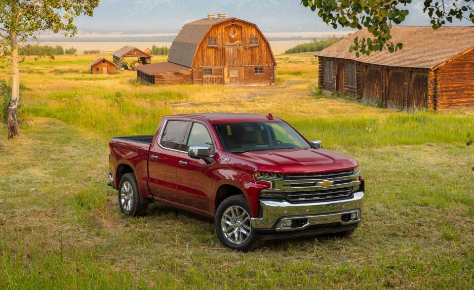 <p>Chevrolet's weapon in the ever-raging truck wars is <a rel="nofollow noopener" href="https://www.caranddriver.com/chevrolet/silverado-1500" target="_blank" data-ylk="slk:the recently redesigned Silverado 1500;elm:context_link;itc:0;sec:content-canvas" class="link ">the recently redesigned Silverado 1500</a>. It's easy to spot the new Silverado, because its looks are, um, distinctive. (We think the Chevy's GMC-badged sibling, the Sierra, is much less weird-looking.) Beneath its new skin, the Silverado 1500 doesn't feel all that new: Agile handling comes at the expense of a busy, firm ride, and the rear axle hop and chatter on washboard surfaces is a throwback to a bygone era in pickup-truck suspension behavior. And the interior is plain-looking and seemingly identical to the old truck's. There is a new turbocharged four-cylinder engine that joins a range of V-8s and a V-6. <br></p>