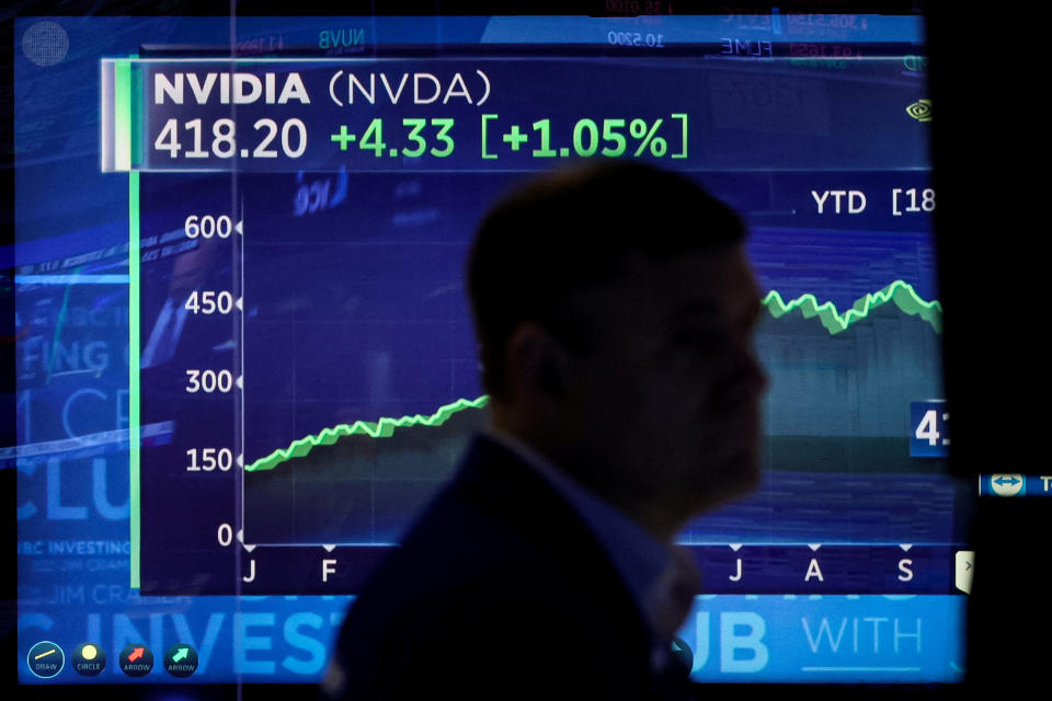 A screen tracks NVIDIA Corp. as a trader works on the floor at the New York Stock Exchange (NYSE) in New York City, U.S., October 23, 2023.  REUTERS/Brendan McDermid